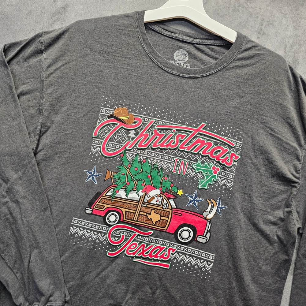Buc-ee's Mens Christmas in Texas Long Sleeve T-Shirt Charcoal Gray XL Cotton
